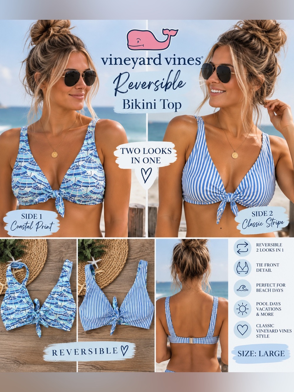 Vineyard Vines Reversible Bikini Top Women’s L Blue White Print